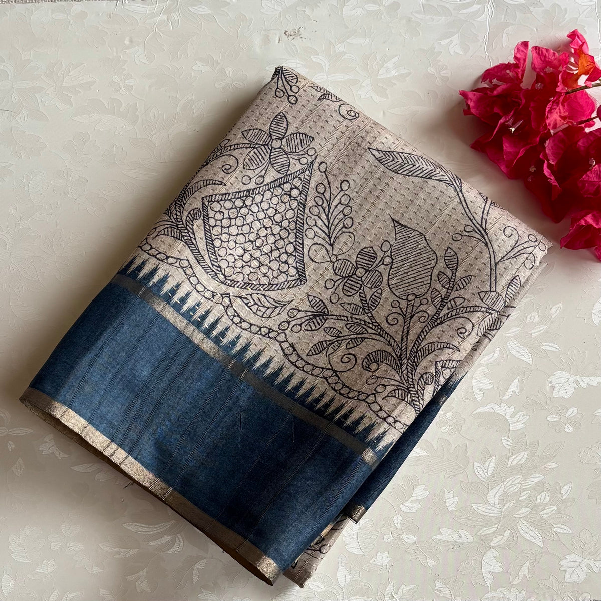 Warm Beige Soft Tussar Silk Saree With Deep Denim Contrast