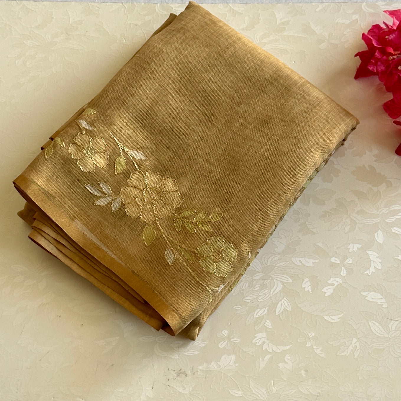 Amber Floral Embroidered Sheer Saree With Tassel Pallu For Traditional Events