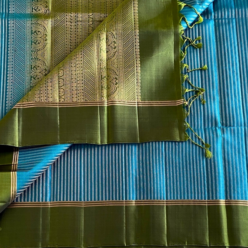 Olive Green Designer Pure Silk Saree With Teal Blue Pallu