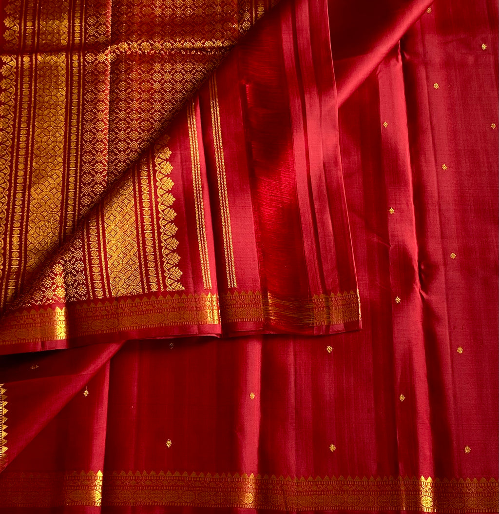 Ruby Red Silk Saree With Gold Zari Buttas Floral Border