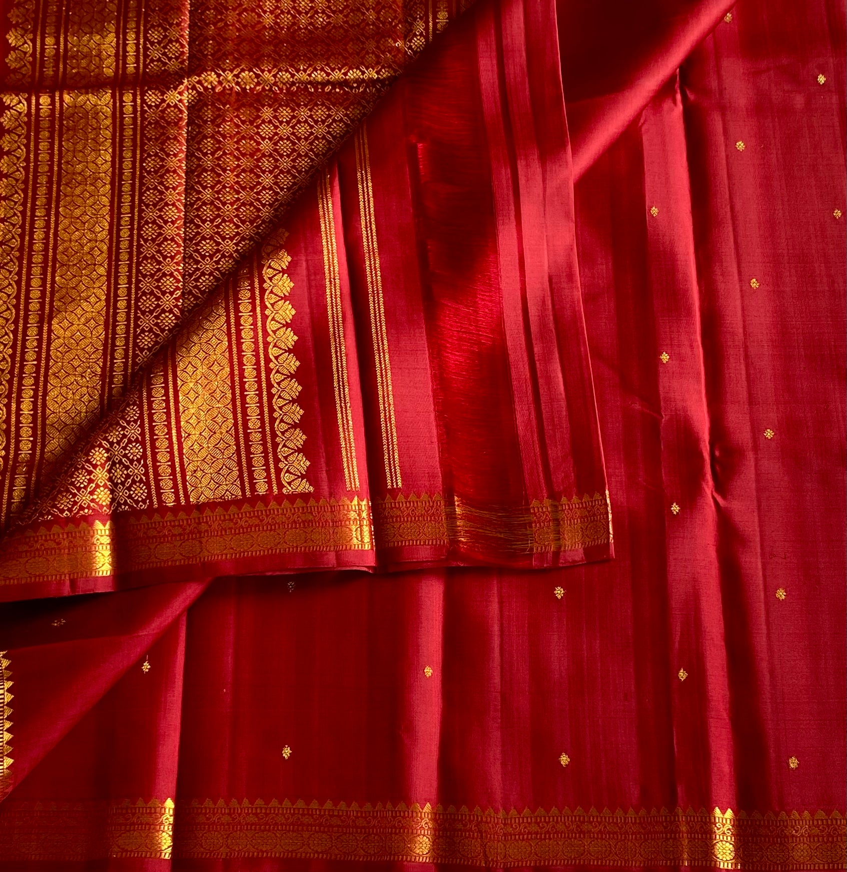 Ruby Red Silk Saree With Gold Zari Buttas Floral Border
