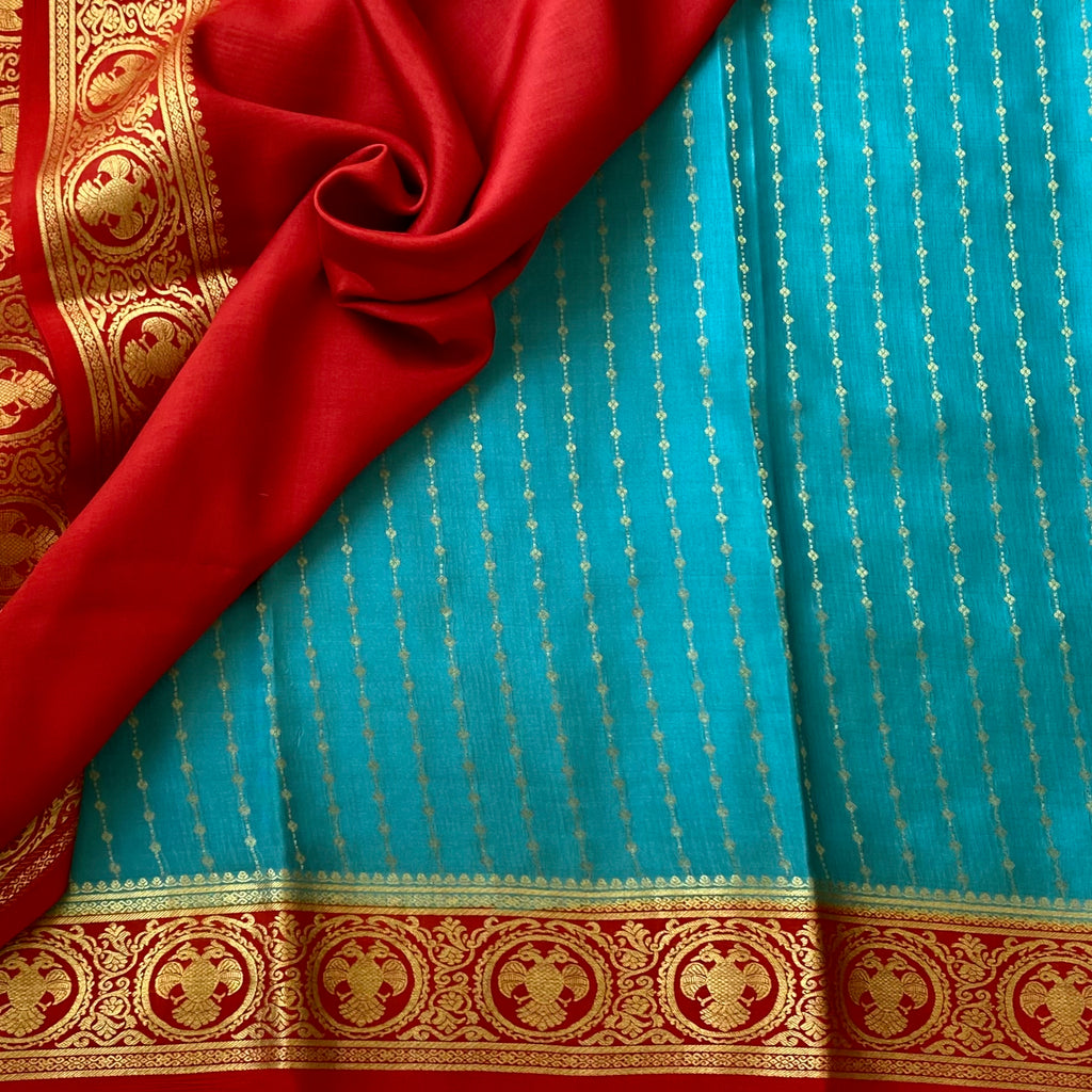 Teal Silk Saree Gold Zari Red Border Festive Traditional Wear