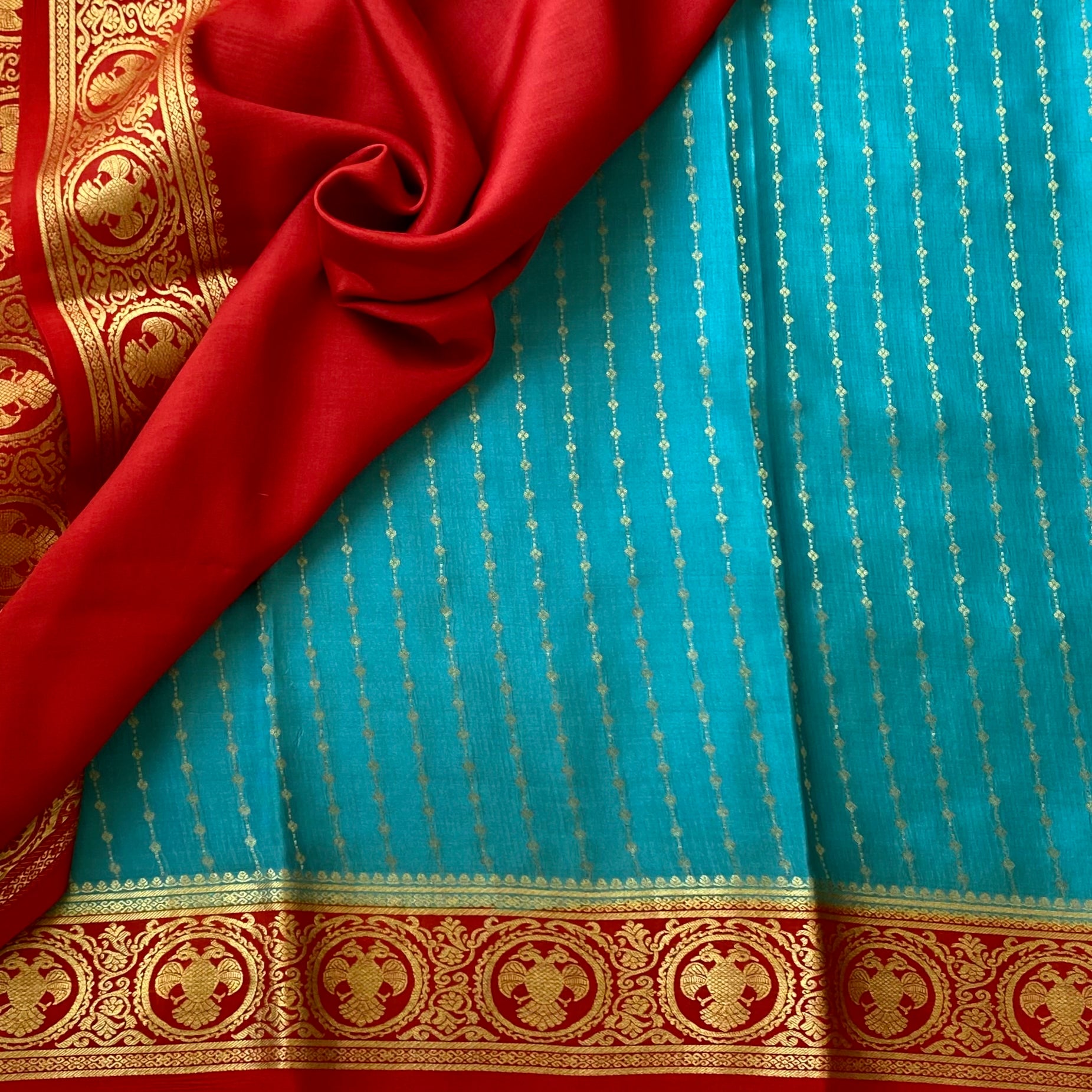 Teal Silk Saree Gold Zari Red Border Festive Traditional Wear