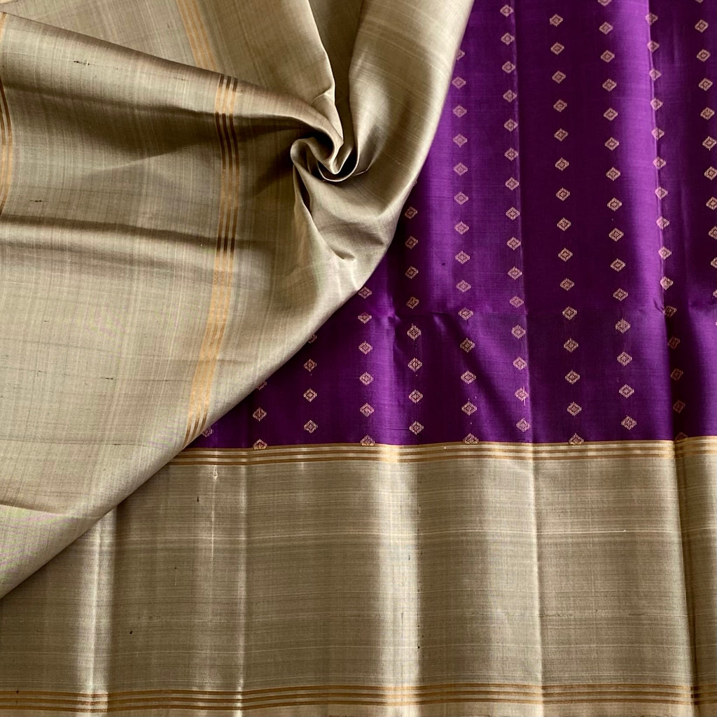 Royal Purple Designer Pure Silk with Metallic Grey With Tiny Buttas All over