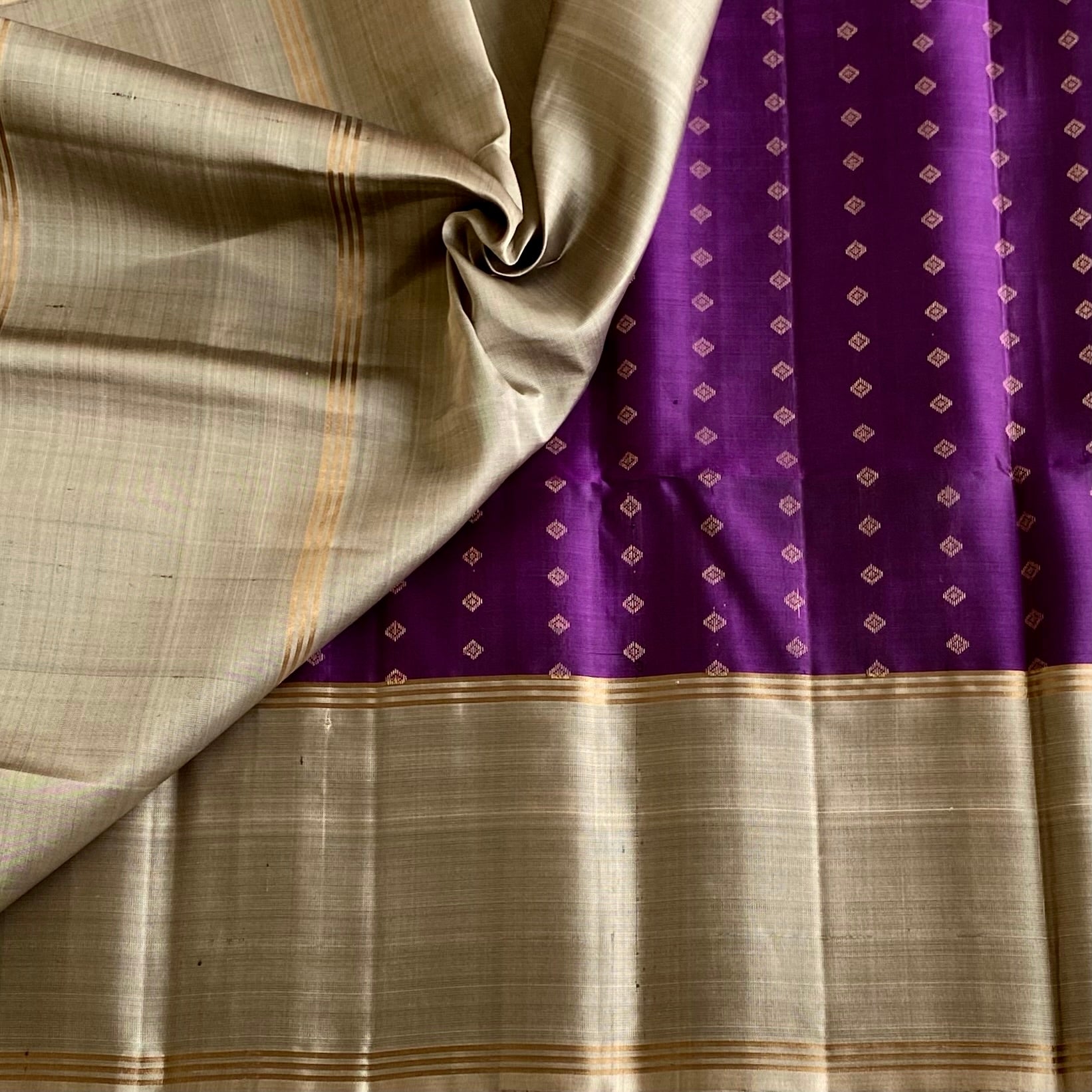 Royal Purple Designer Pure Silk with Metallic Grey With Tiny Buttas All over