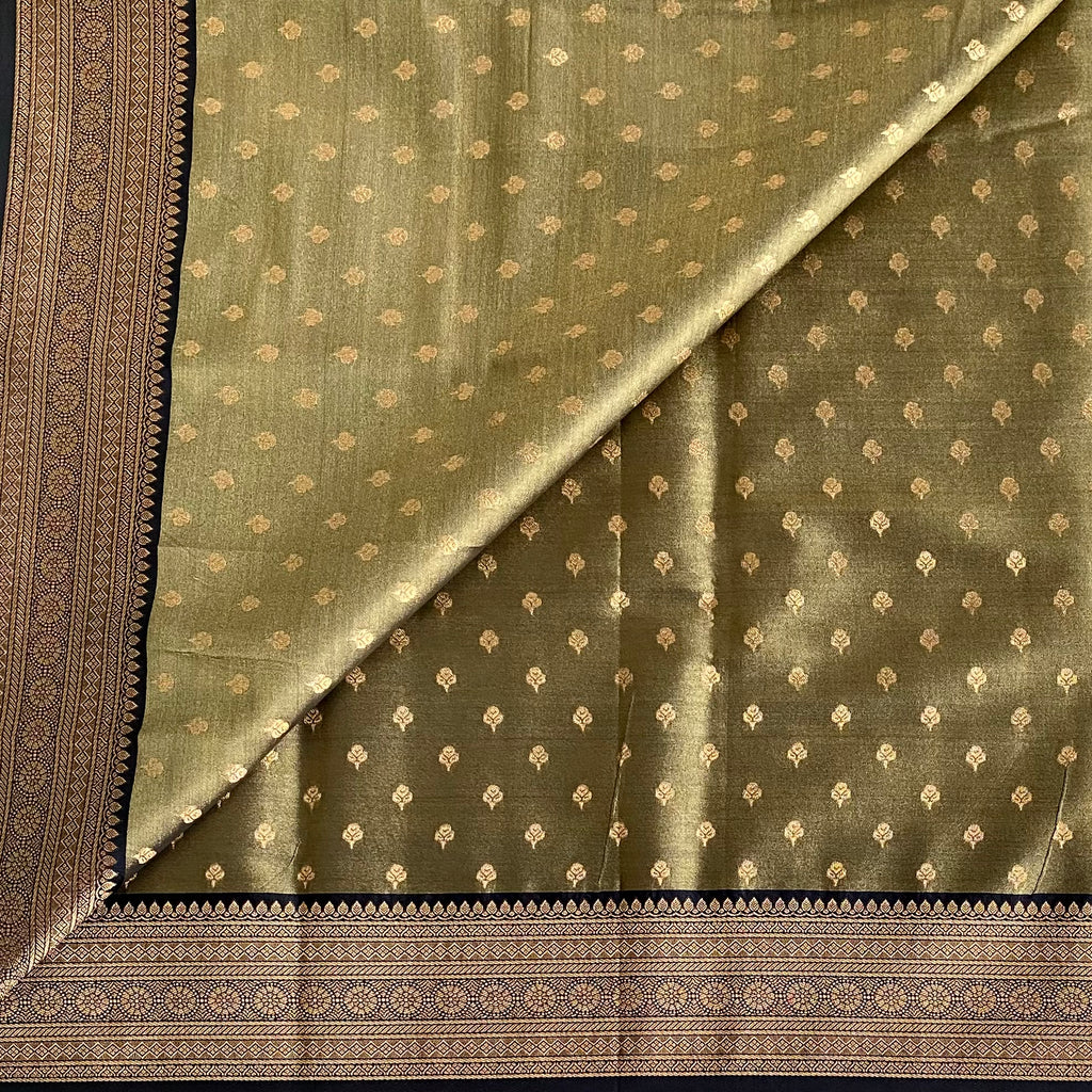 Olive Green Gold Brocade Tissue Silk With Tassel Pallu Border
