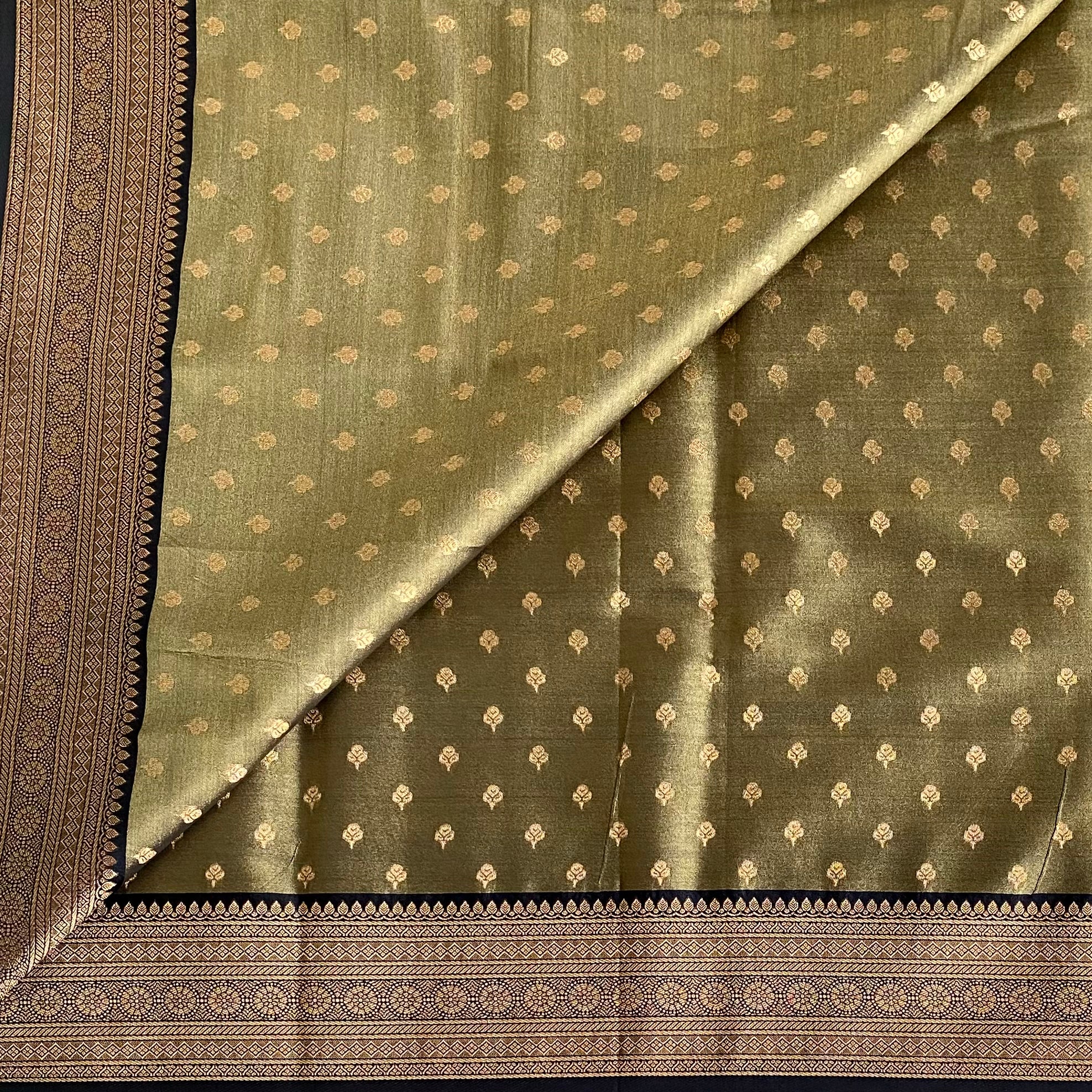 Olive Green Gold Brocade Tissue Silk With Tassel Pallu Border