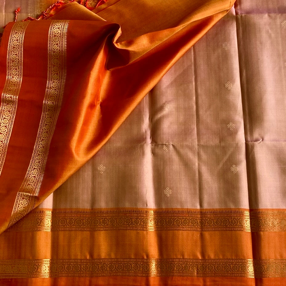 Blush Beige Peach Designer Pure Silk With Tangerine Orange Pallu