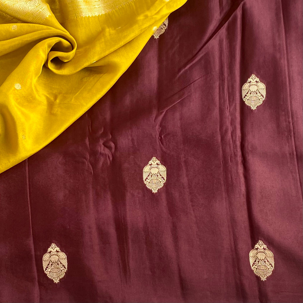 Plum Brown Soft Crepe Silk Saree With Antique Gold Pallu And Lime Blouse
