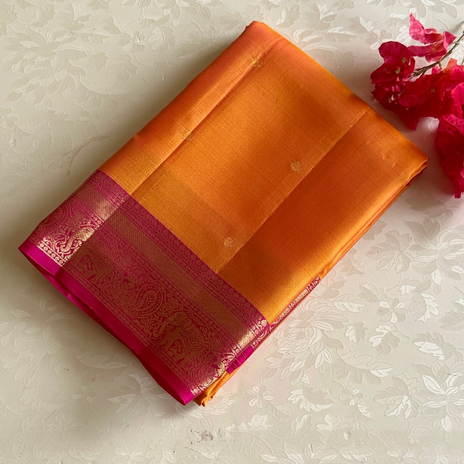 Marigold Orange Designer Pure Silk Saree Fuchsia Pink Zari Border Contrast Pallu