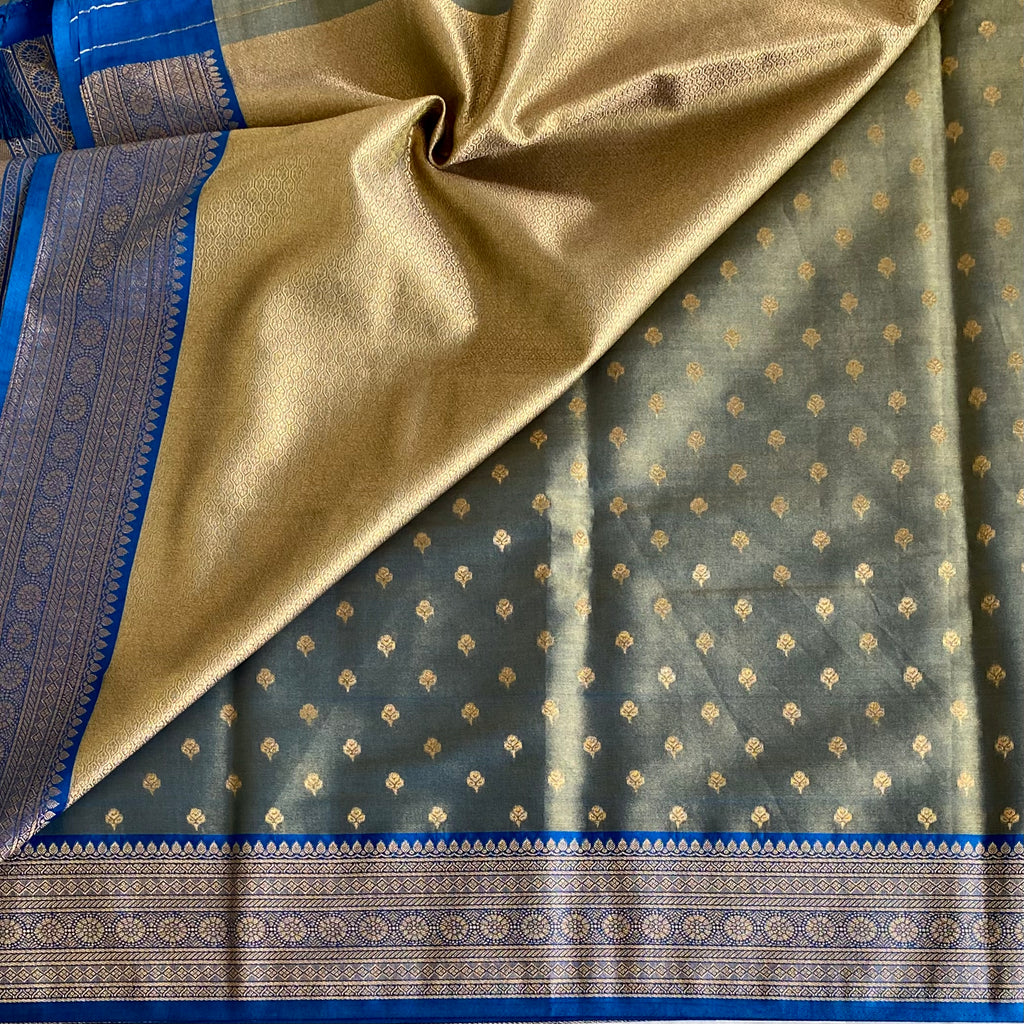Traditional Teal Brocade Saree Antique Gold Pallu Deep Blue Border