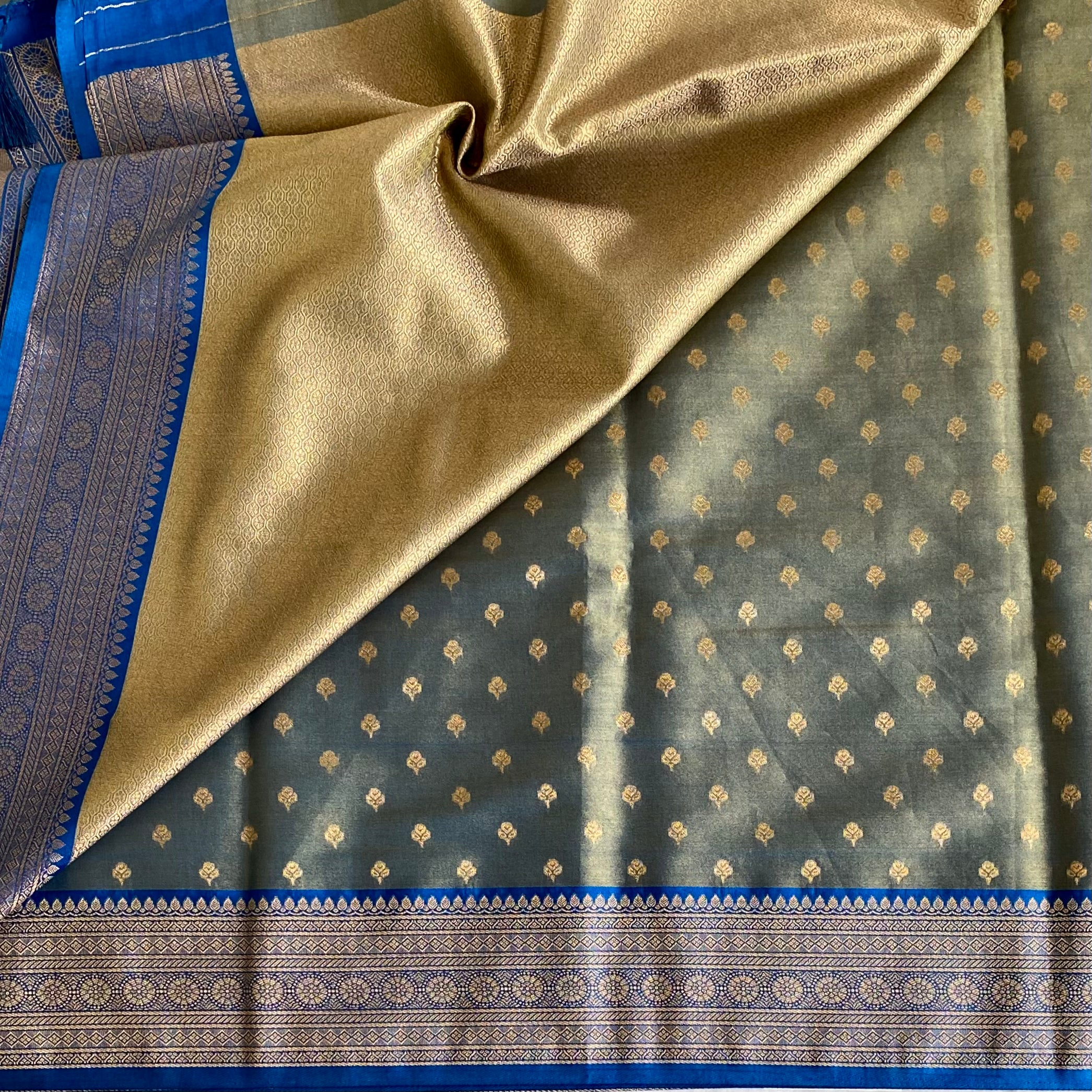 Traditional Teal Brocade Saree Antique Gold Pallu Deep Blue Border