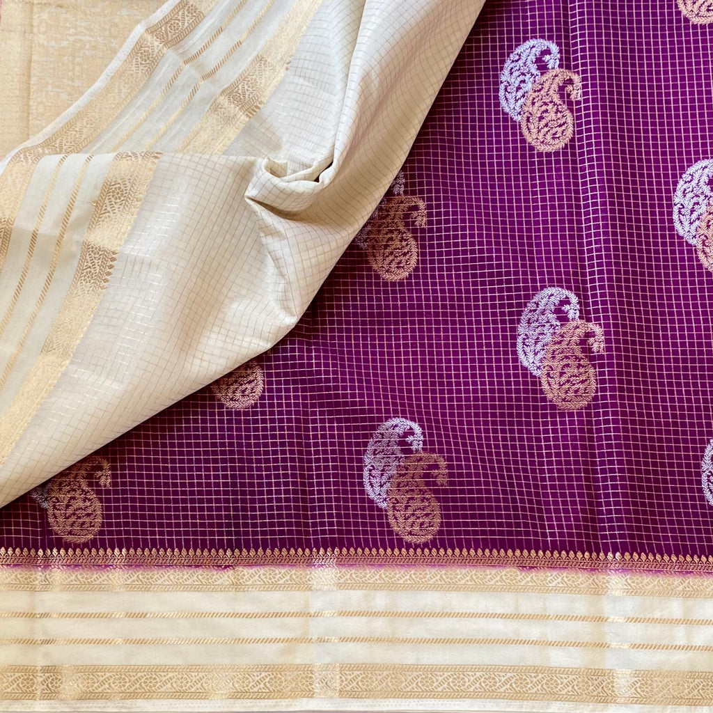 Purple Gold Paisley Saree With Ivory Gold Brocade Pallu Classic