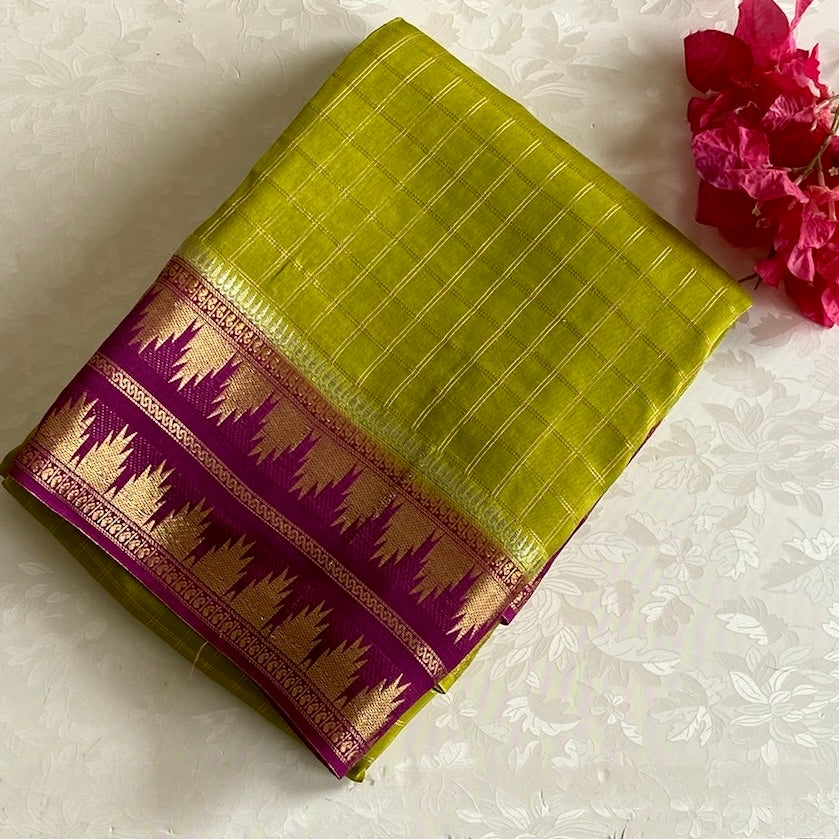 Lime Green Soft Tussar Silk Saree With Magenta Pallu And Gold Border
