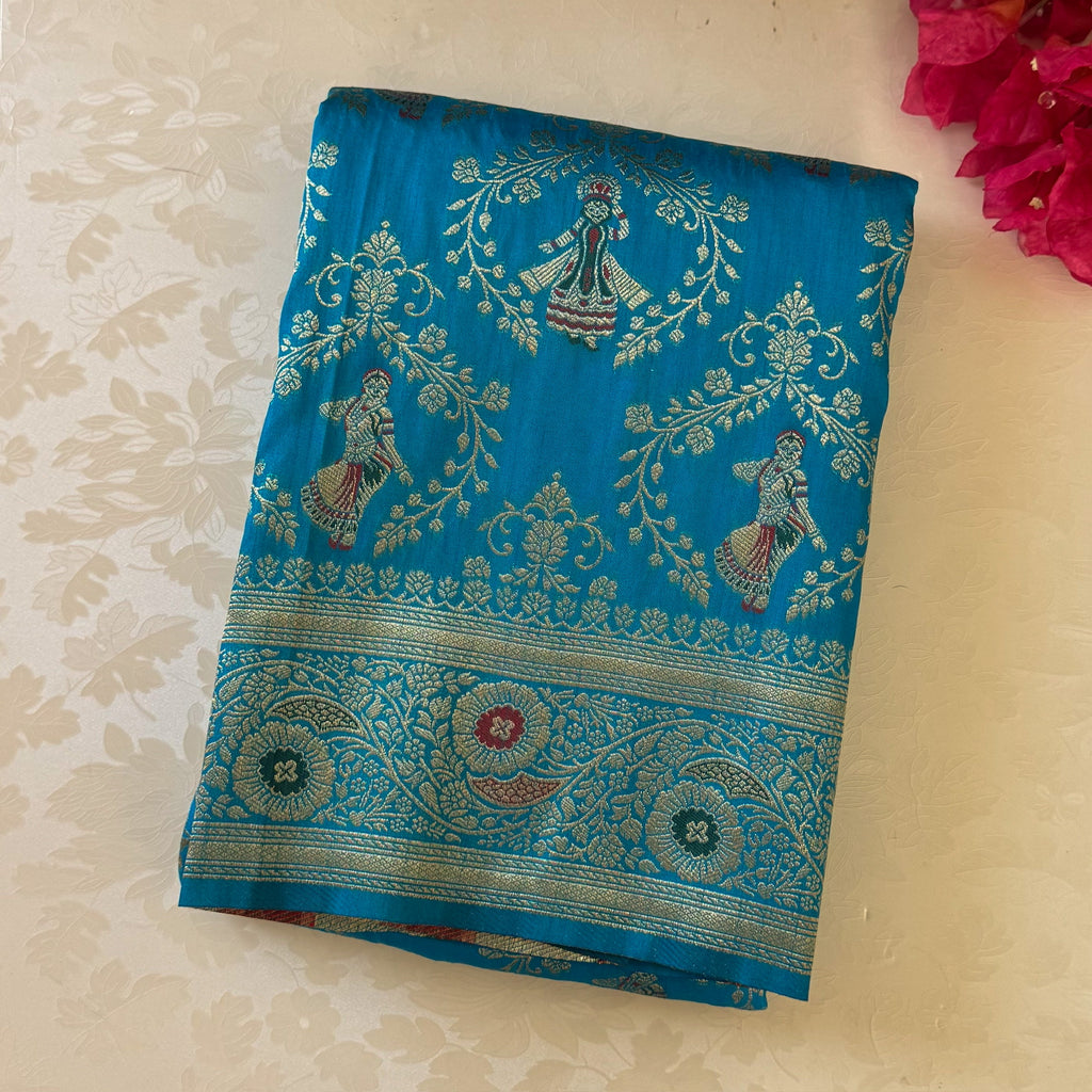 Turquoise Banarasi Silk Saree Gold Zari Floral Figurative Pallu Tassels