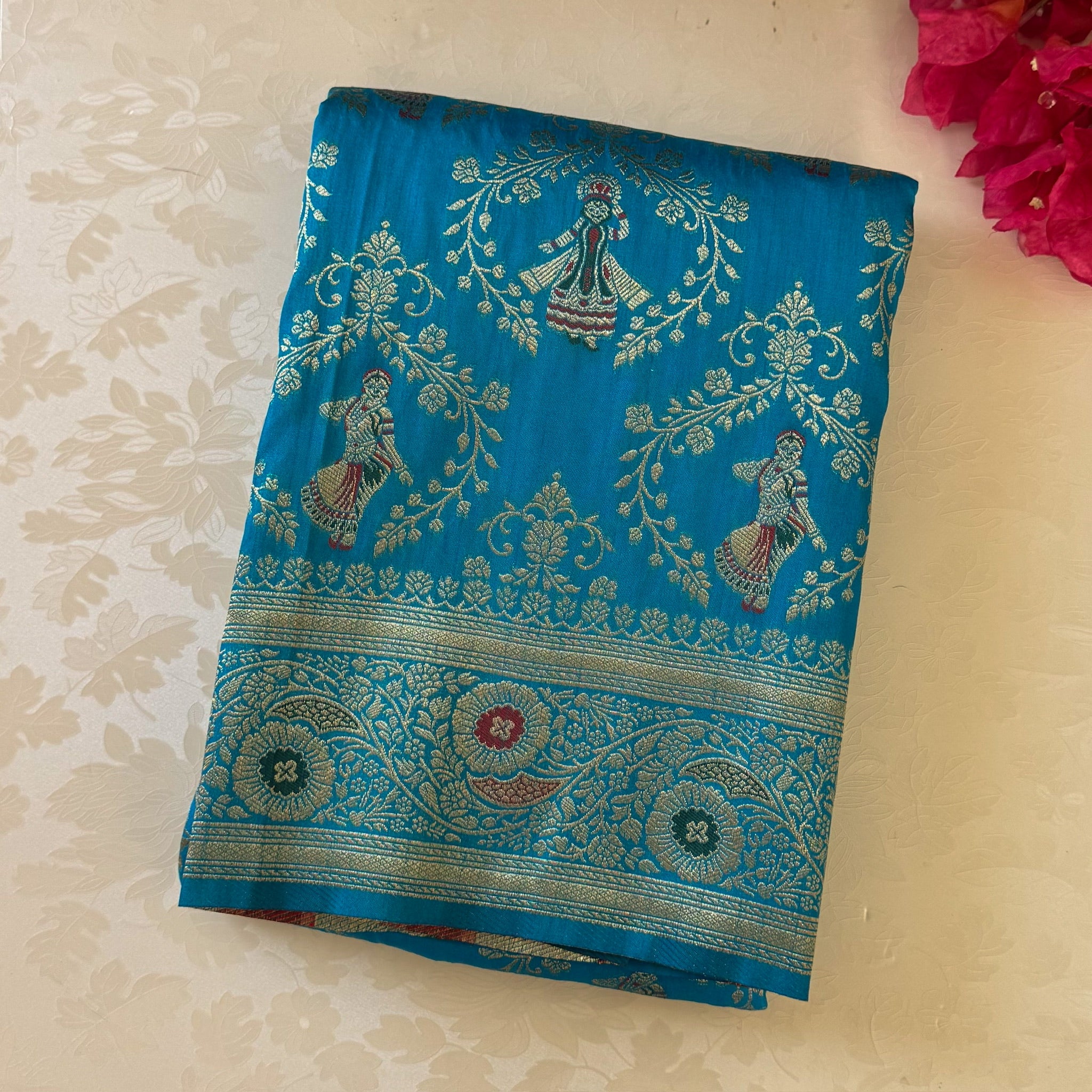 Turquoise Banarasi Silk Saree Gold Zari Floral Figurative Pallu Tassels