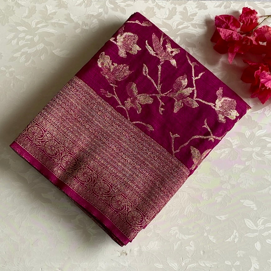 Claret Red Soft Tussar Silk Saree With Antique Gold Zari