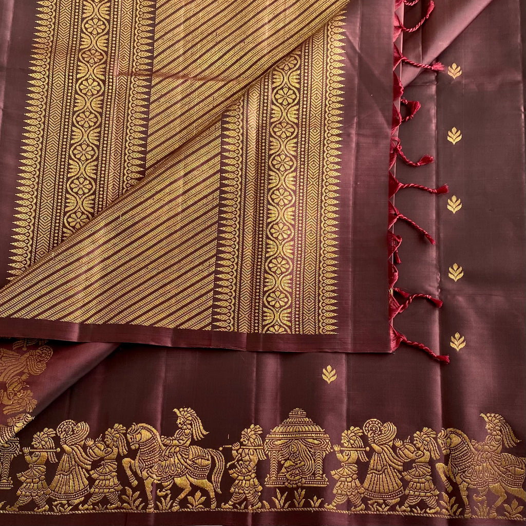Deep Brown Burgundy Designer Pure Silk Saree With Antique Gold Zari