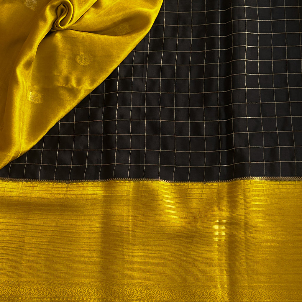 Charcoal Check Saree with Mustard Gold Brocade Pallu and Border