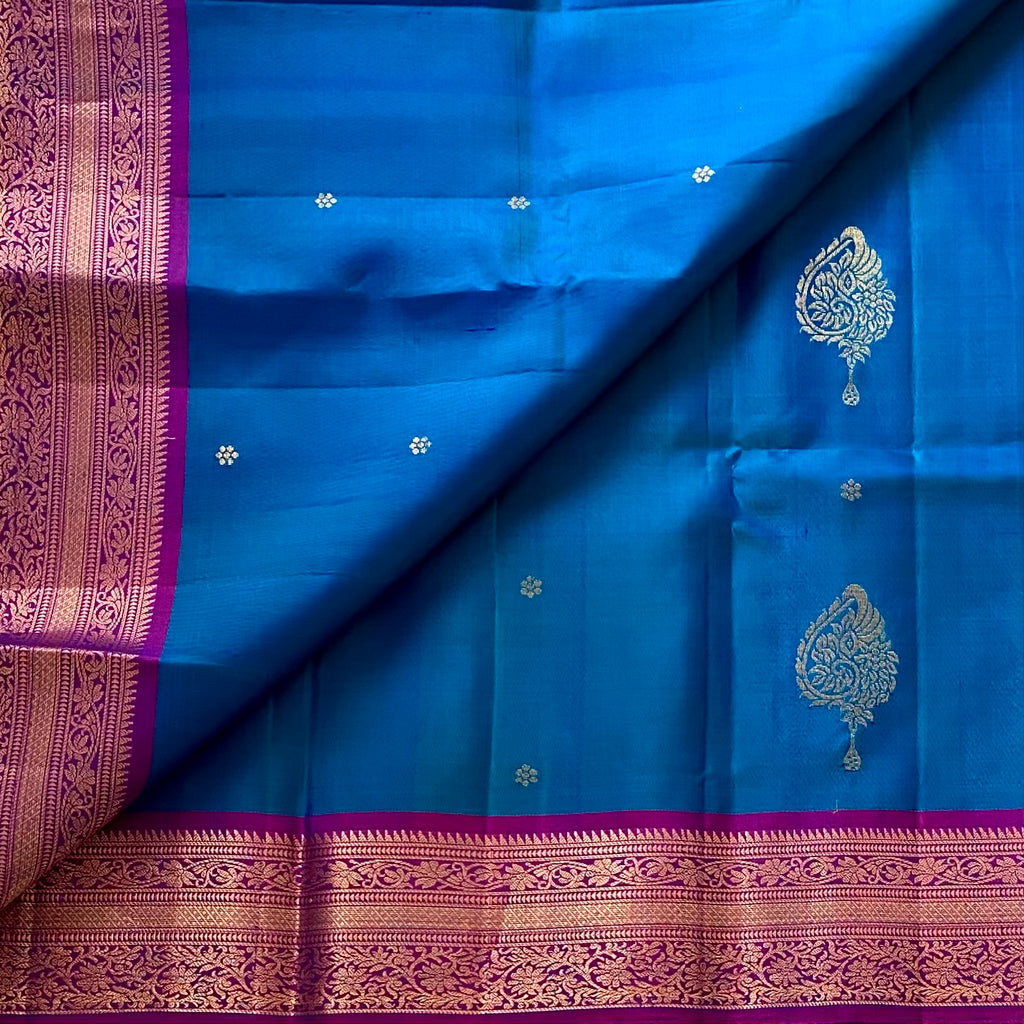 Rich Blue Designer Pure Silk Saree Royal Purple Zari Border
