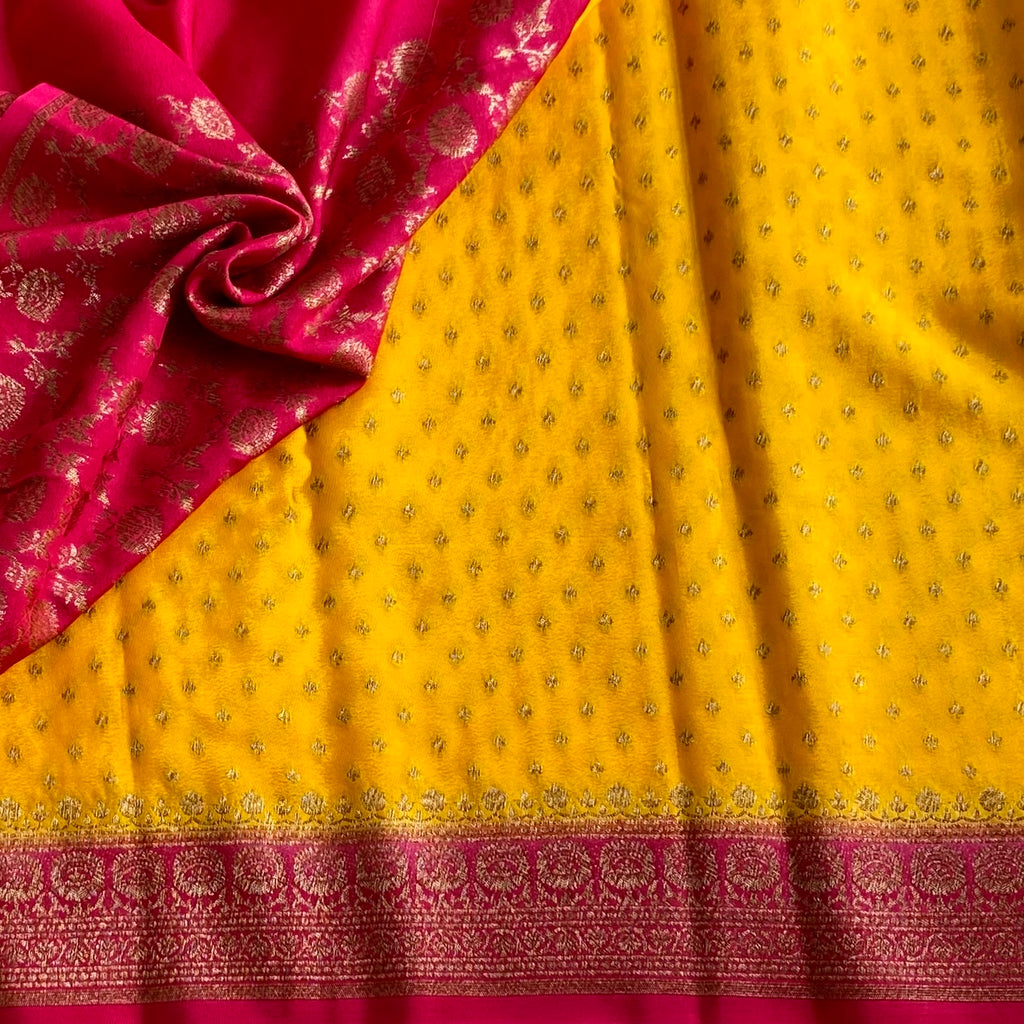 Banarasi Crepe Silk Sunflower Yellow & Rani Pink Saree