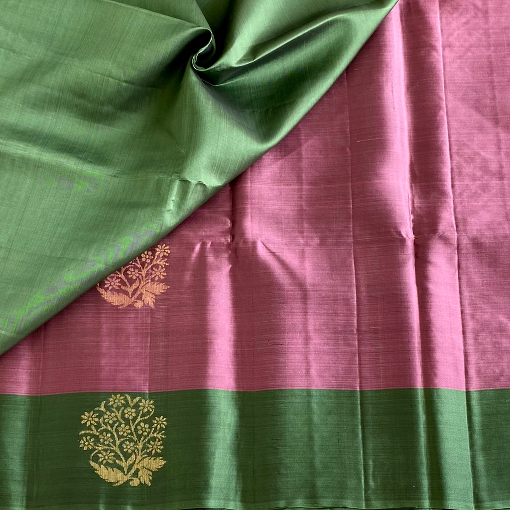 Metallic Onion Pink With Stunner Olive Green Designer Pure Silk