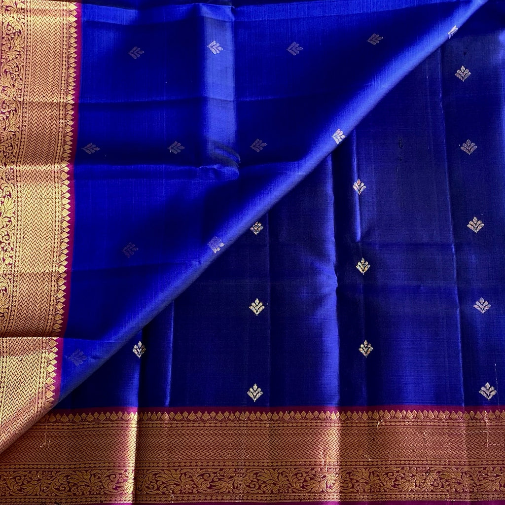 Royal Blue Designer Pure Silk Saree With Rani Pink Pallu