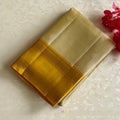 Champagne Beige Designer Pure Silk Saree Mustard Yellow Zari Border Contrast Pallu