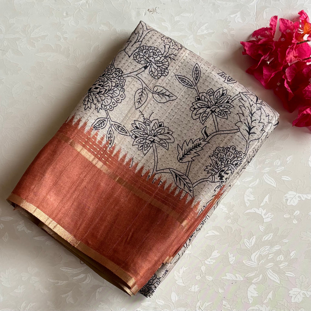 Ecru Beige & Terracotta Soft Tussar Silk Saree With Floral Weave