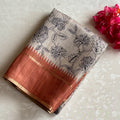 Ecru Beige & Terracotta Soft Tussar Silk Saree With Floral Weave