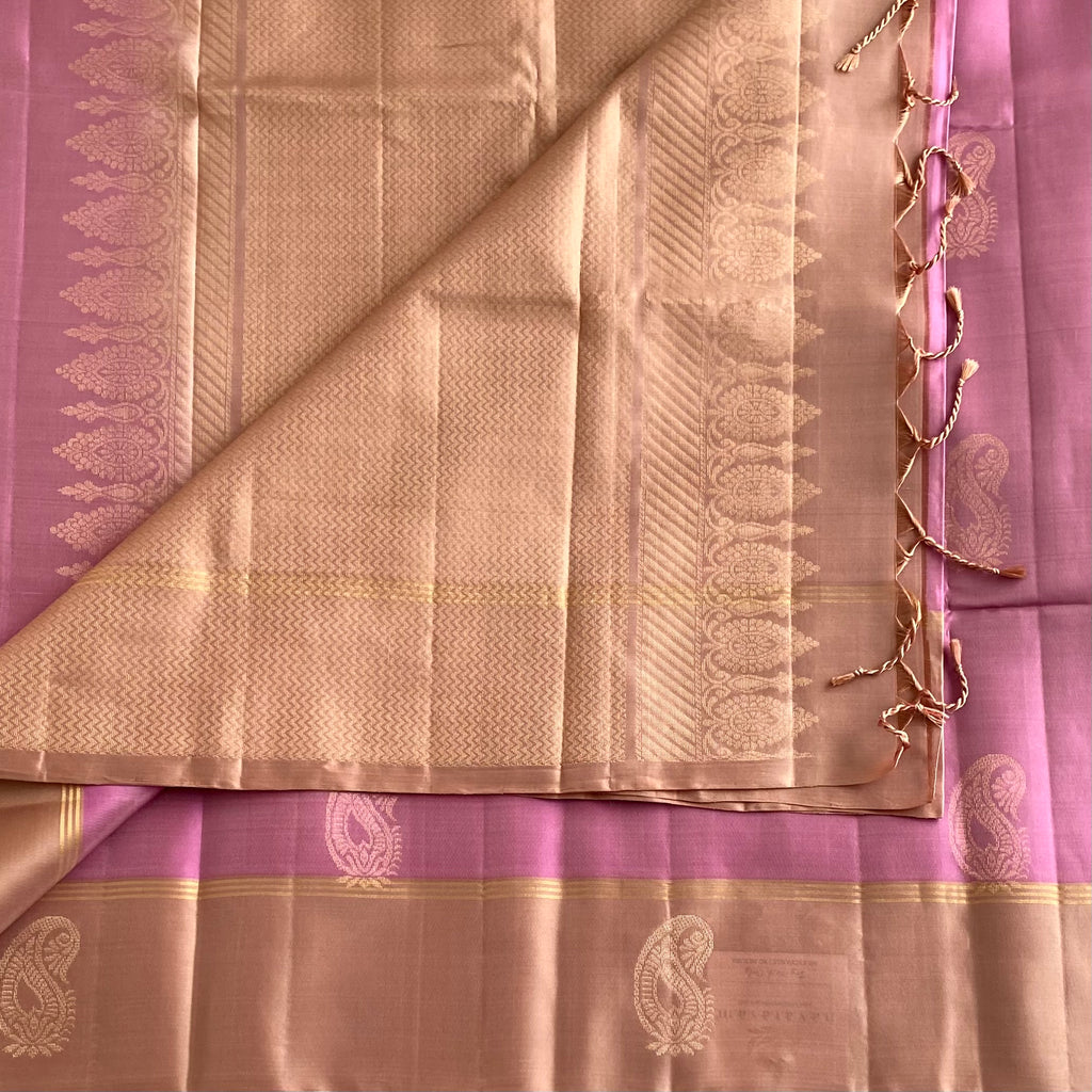 Dreamy Pastel Rose Designer Pure Silk Saree With Biscuit Brown Pallu