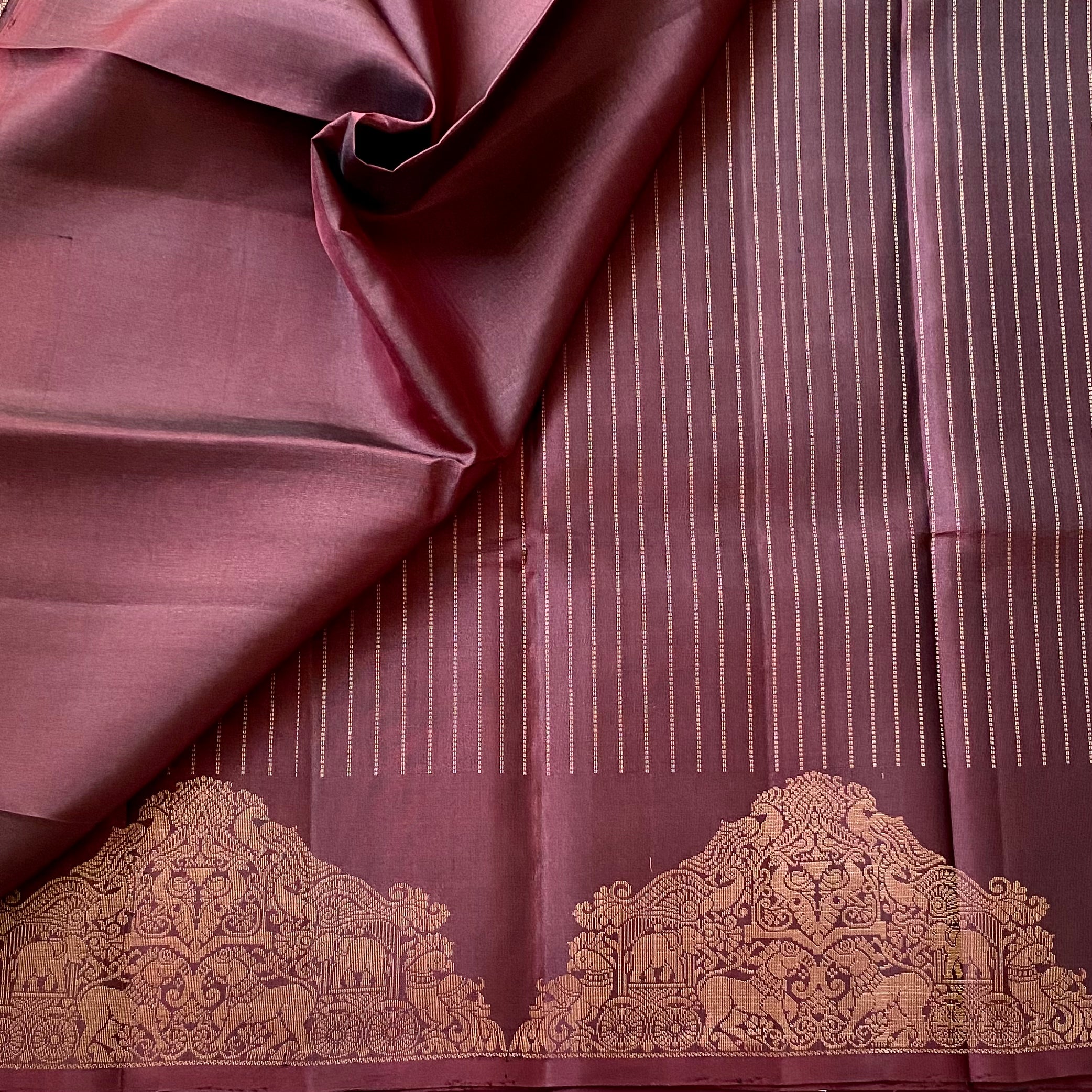 Deep Plum Woven Zari Saree with Temple Border and Tassels