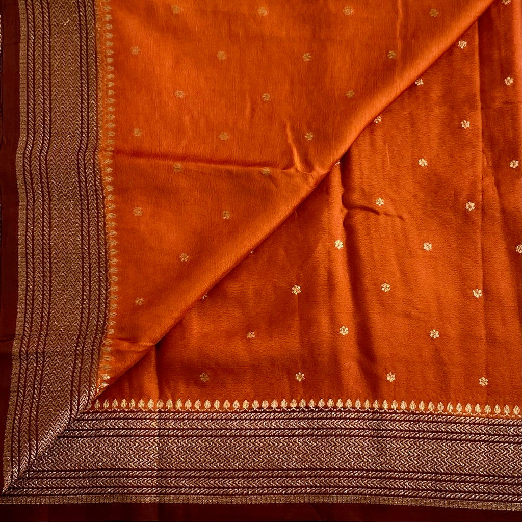 Burnt Orange Soft Tussar Silk Saree With Deep Maroon Border