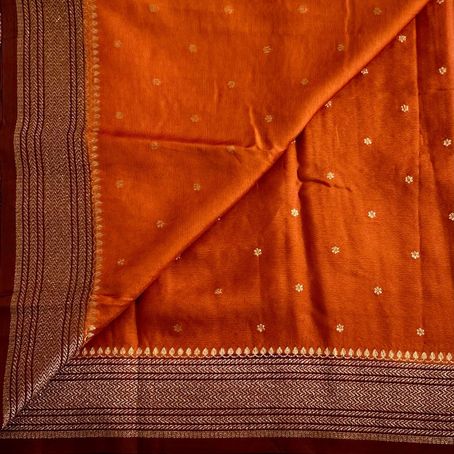 Burnt Orange Soft Tussar Silk Saree With Deep Maroon Border