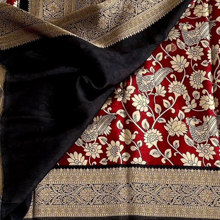 Soft Tussar Silk Crimson Red Saree With Antique Gold Brocade Border