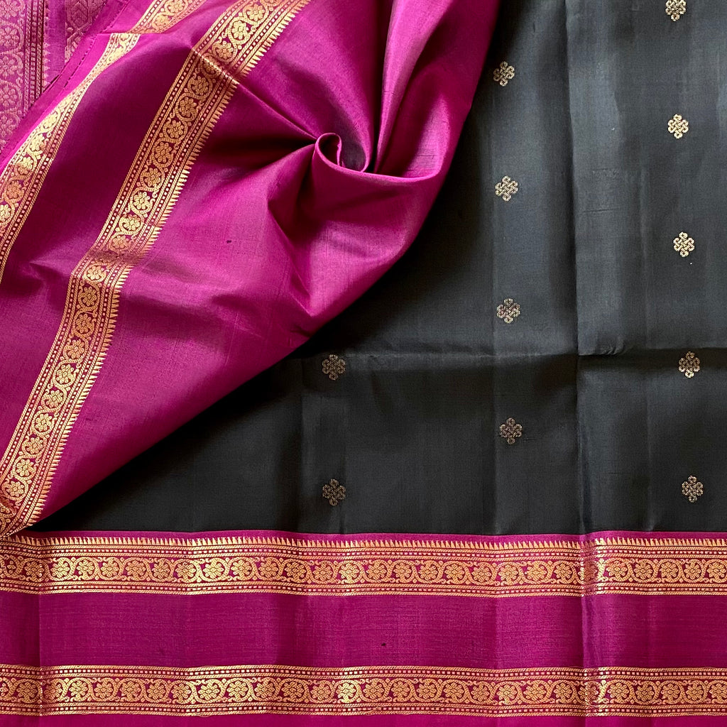 Charcoal Black Designer Pure Silk Saree Fuchsia Pink Zari Border