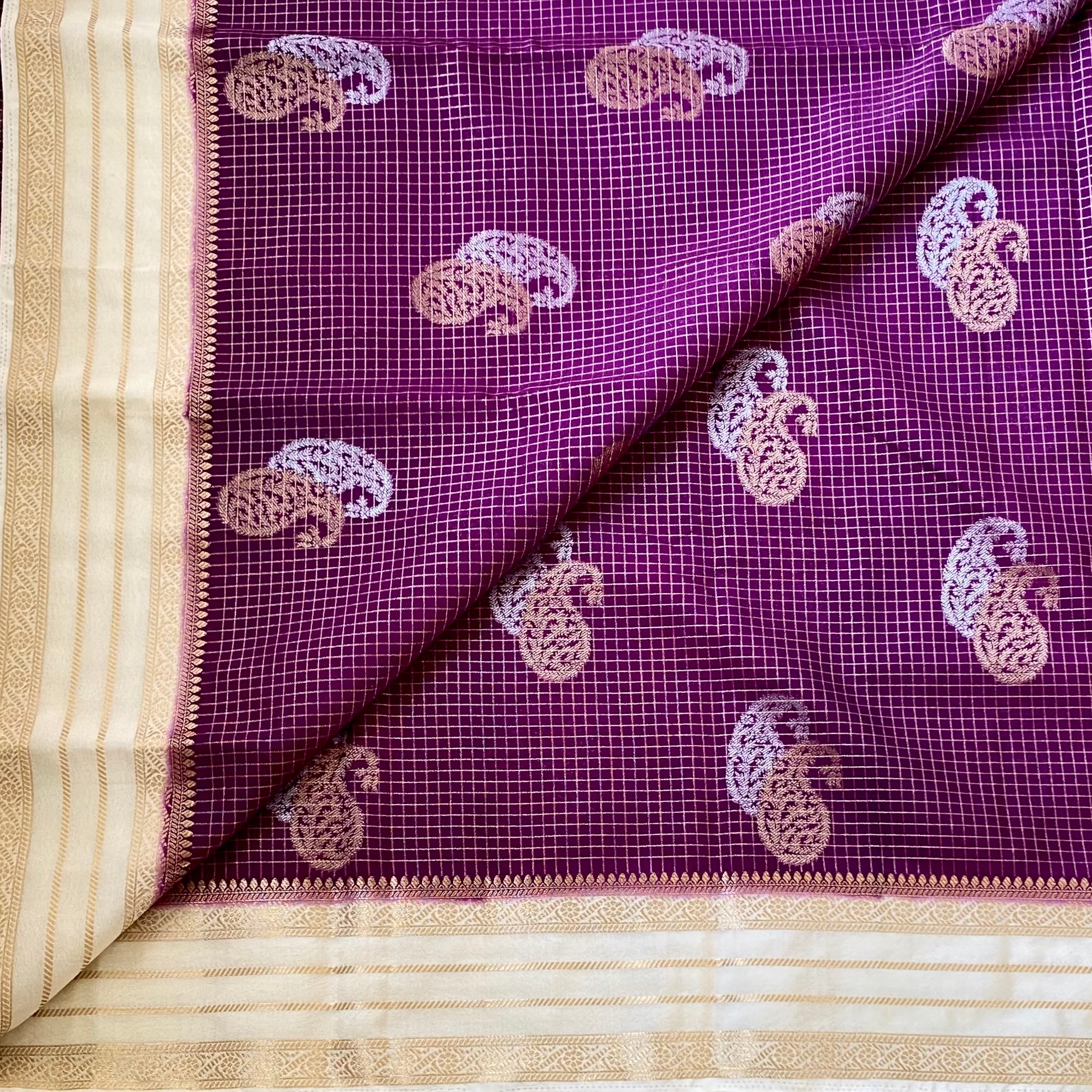 Purple Gold Paisley Saree With Ivory Gold Brocade Pallu Classic