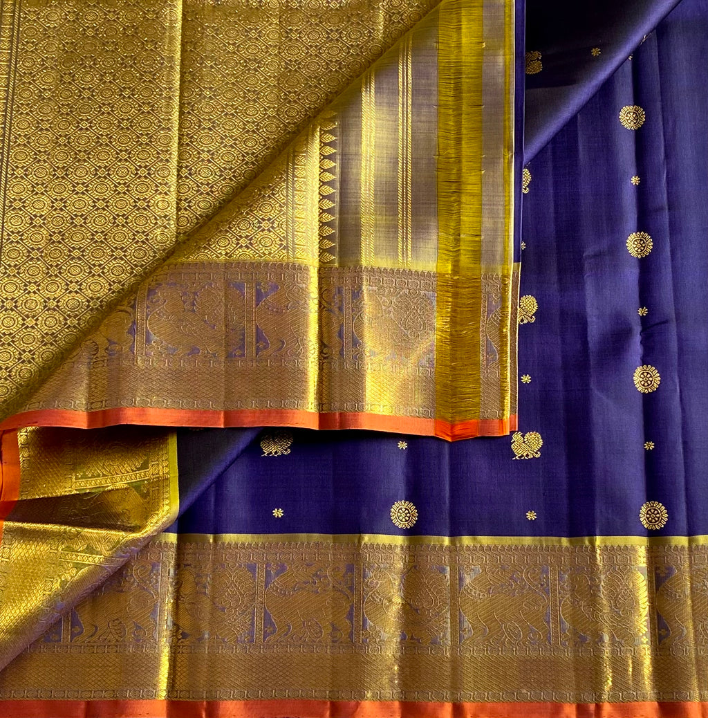 Midnight navy with Royal Gold handwoven Pure Kanjeevaram silk with Pure Zari