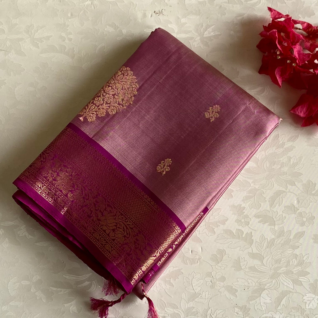 Dusty Metallic Rose Designer Pure Silk Saree With Fuchsia Pallu And Gold Zari
