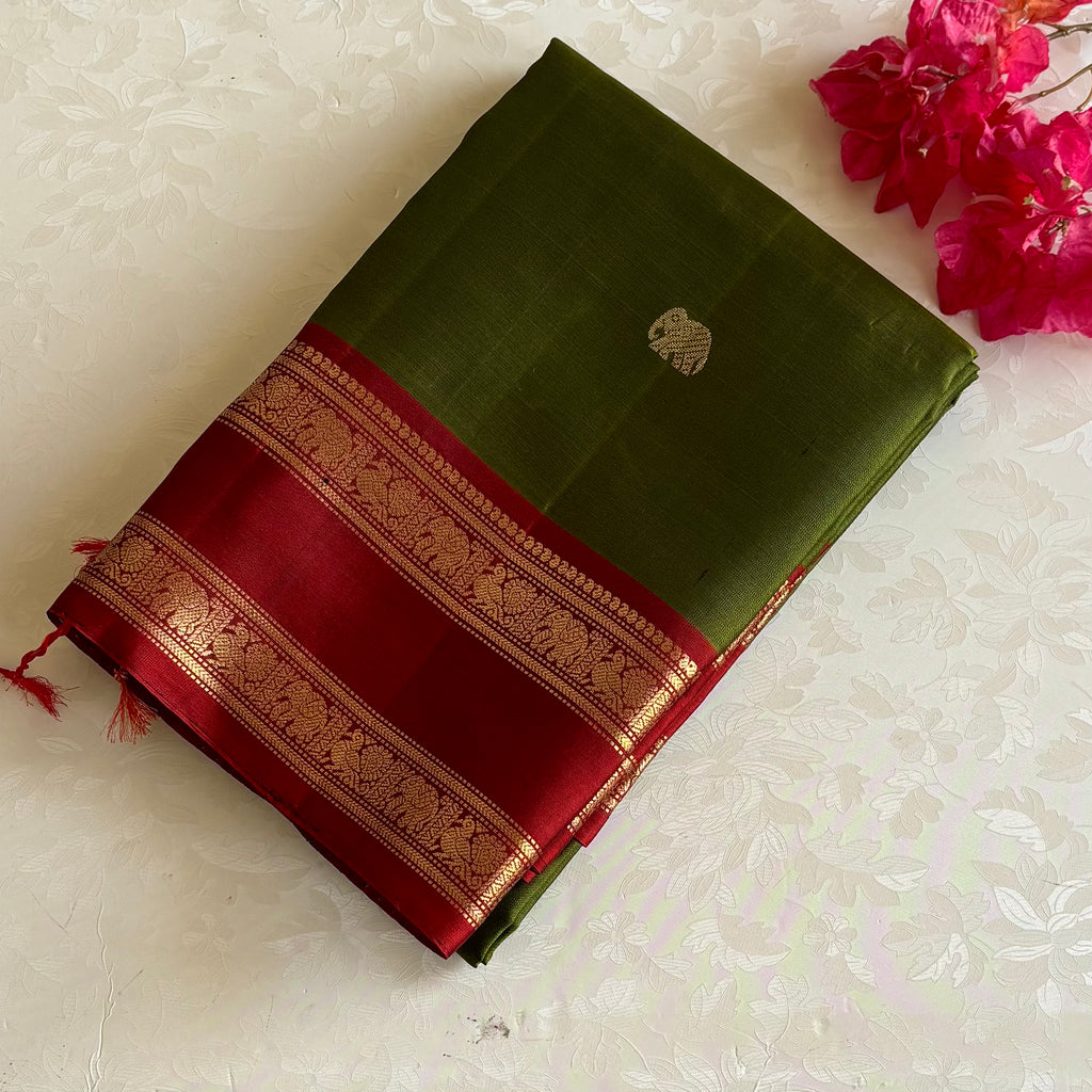 Dark Olive Green Designer Pure Silk Saree With Deep Maroon Pallu