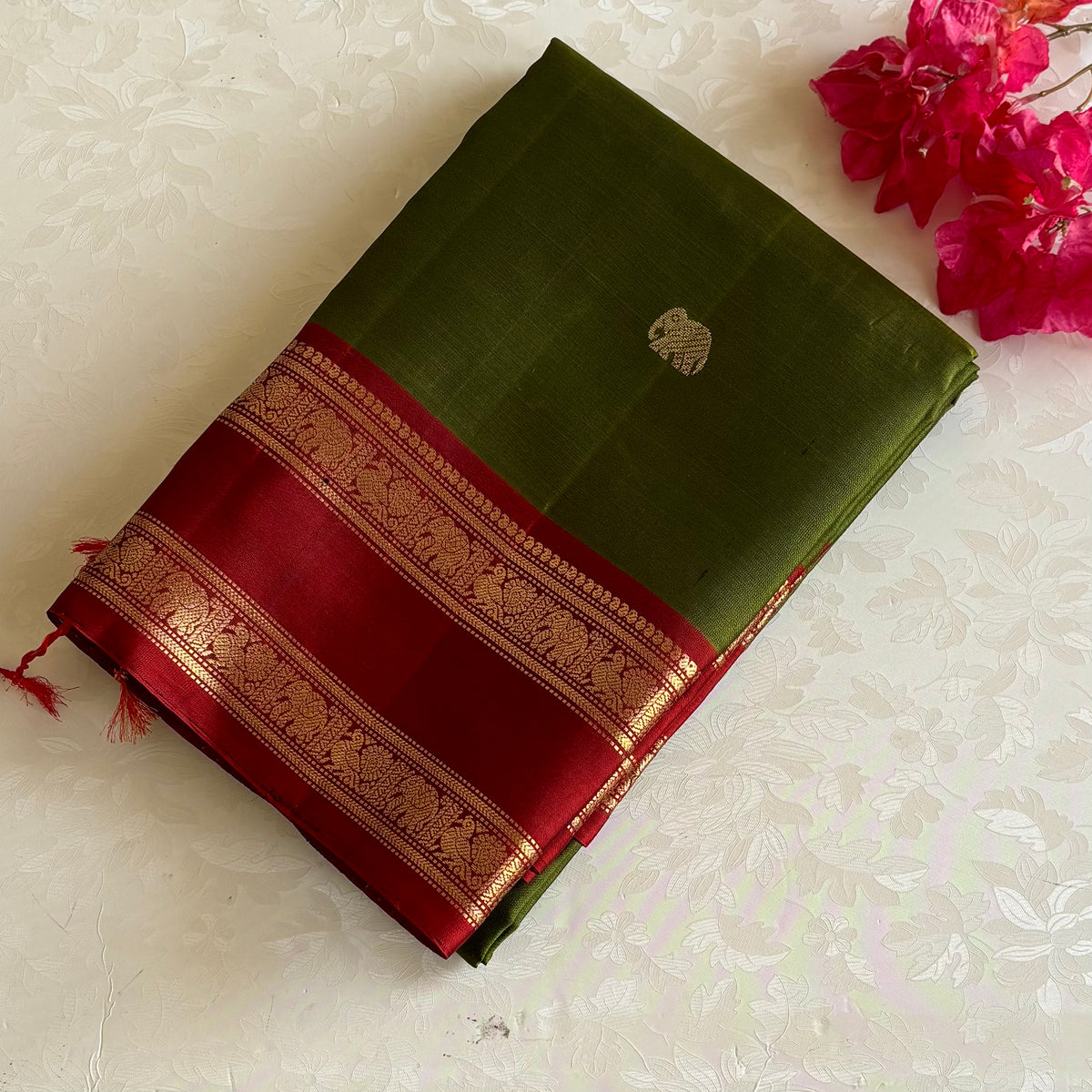Dark Olive Green Designer Pure Silk Saree With Deep Maroon Pallu