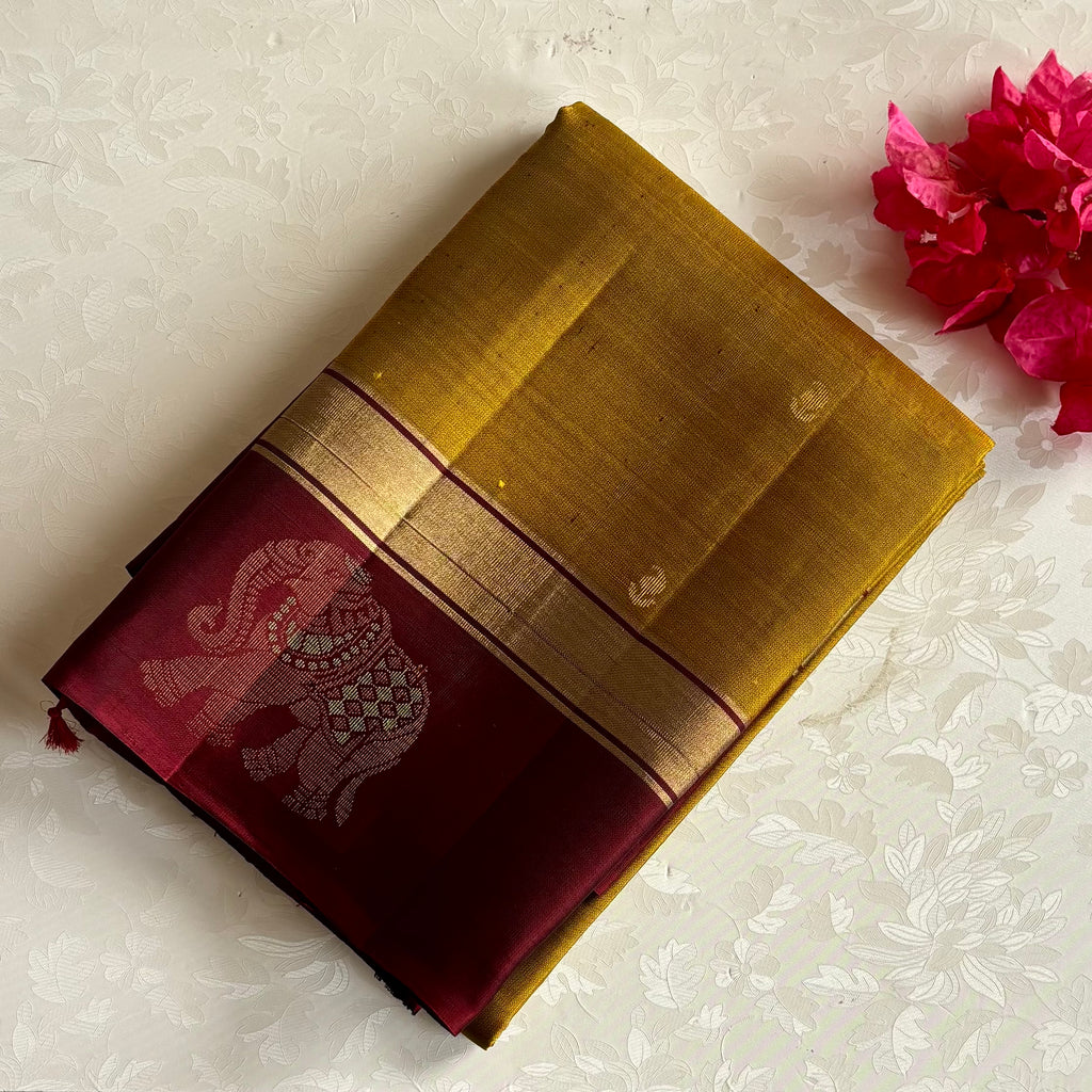 Mustard Yellow Designer Pure Silk Saree With Deep Maroon Pallu