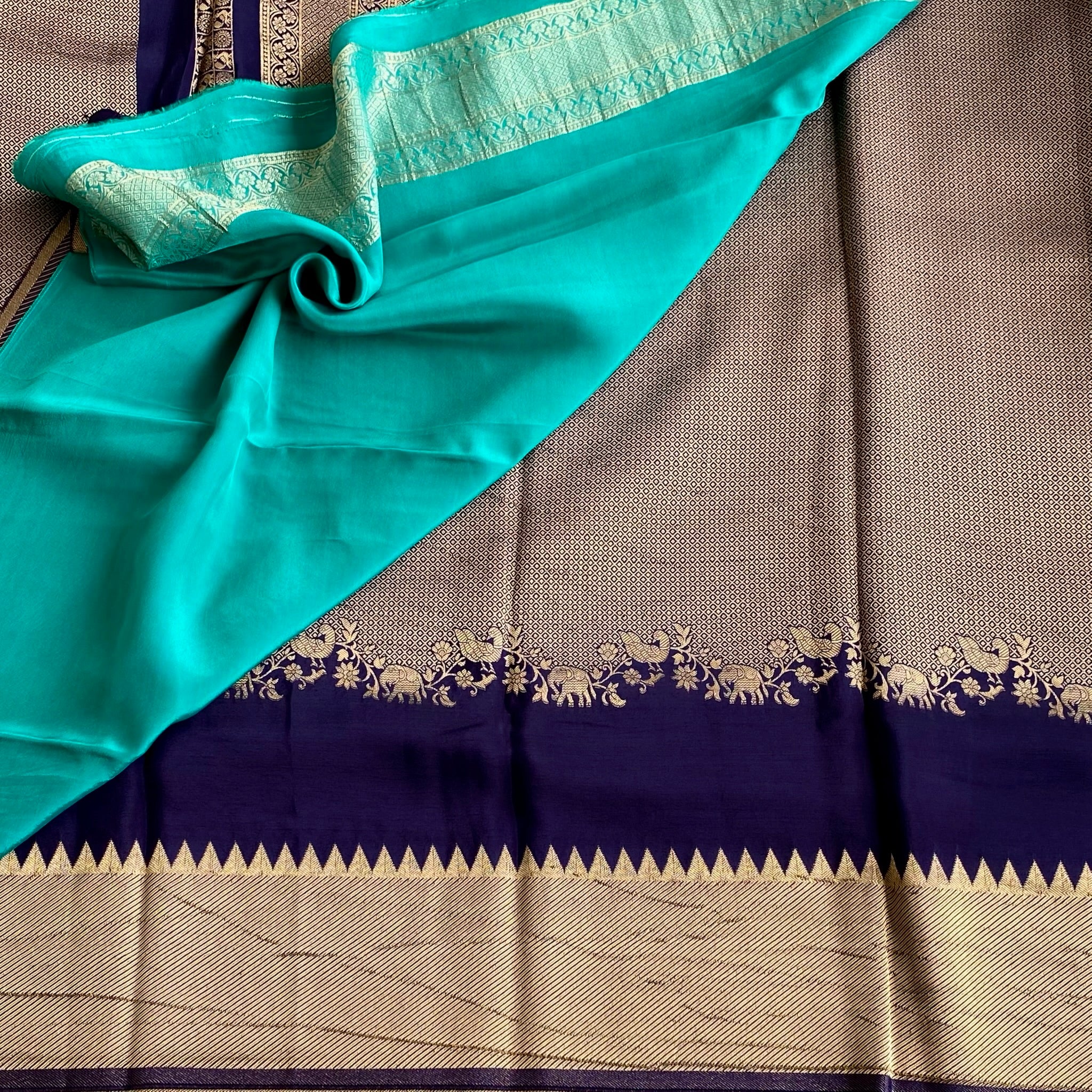 Navy Blue With Turquoise Soft Tussar Silk Saree Antique Gold Floral Pallu