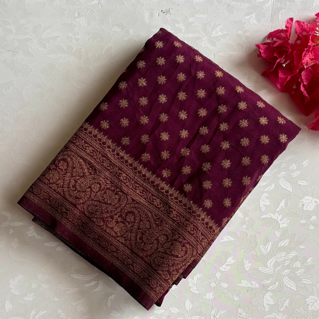 Deep Plum Soft Tussar Silk Saree With Antique Gold Brocade