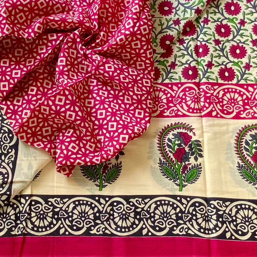 Ivory Magenta Paisley Floral Cotton Saree With Black Printed Border