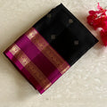 Charcoal Black Designer Pure Silk Saree Fuchsia Pink Zari Border