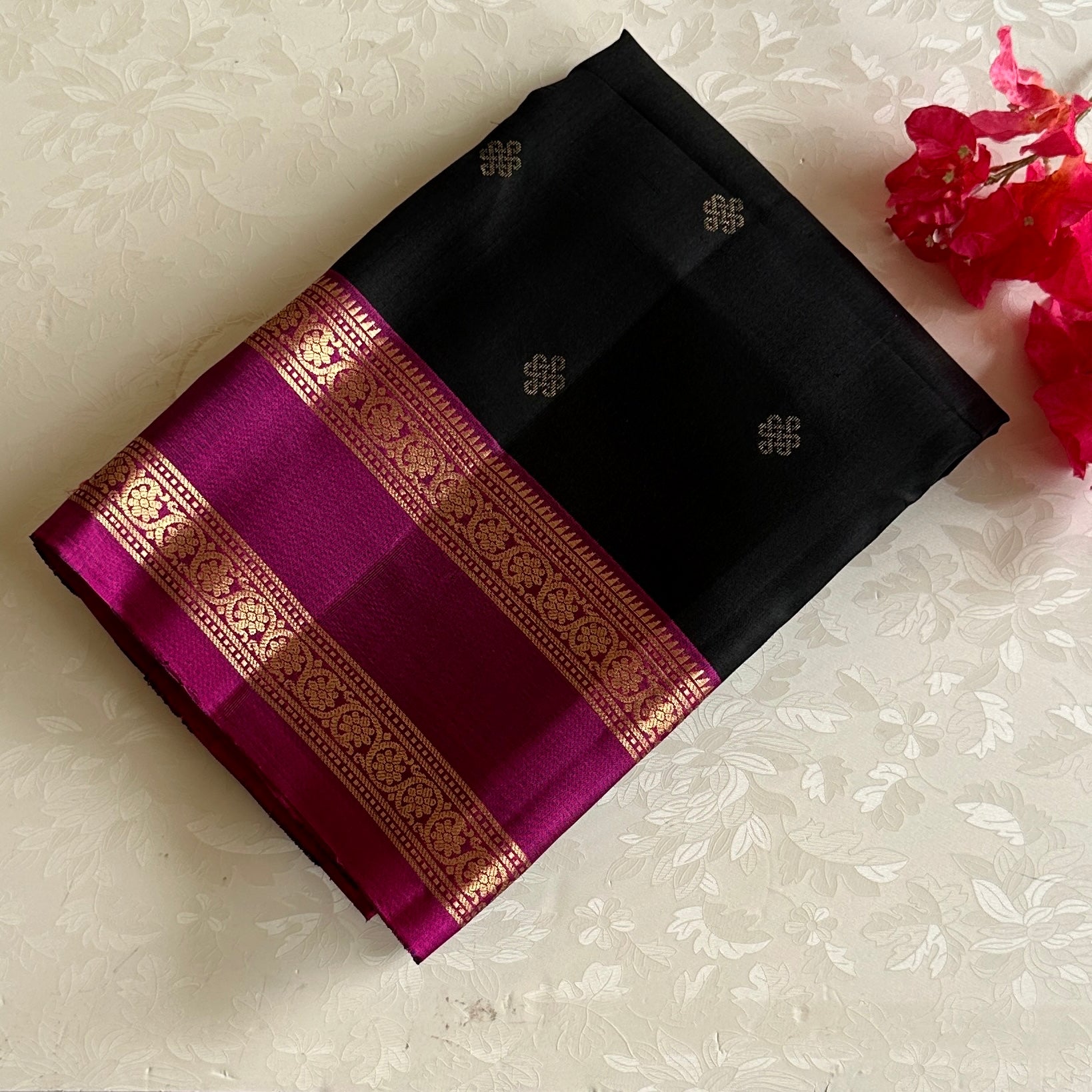 Charcoal Black Designer Pure Silk Saree Fuchsia Pink Zari Border