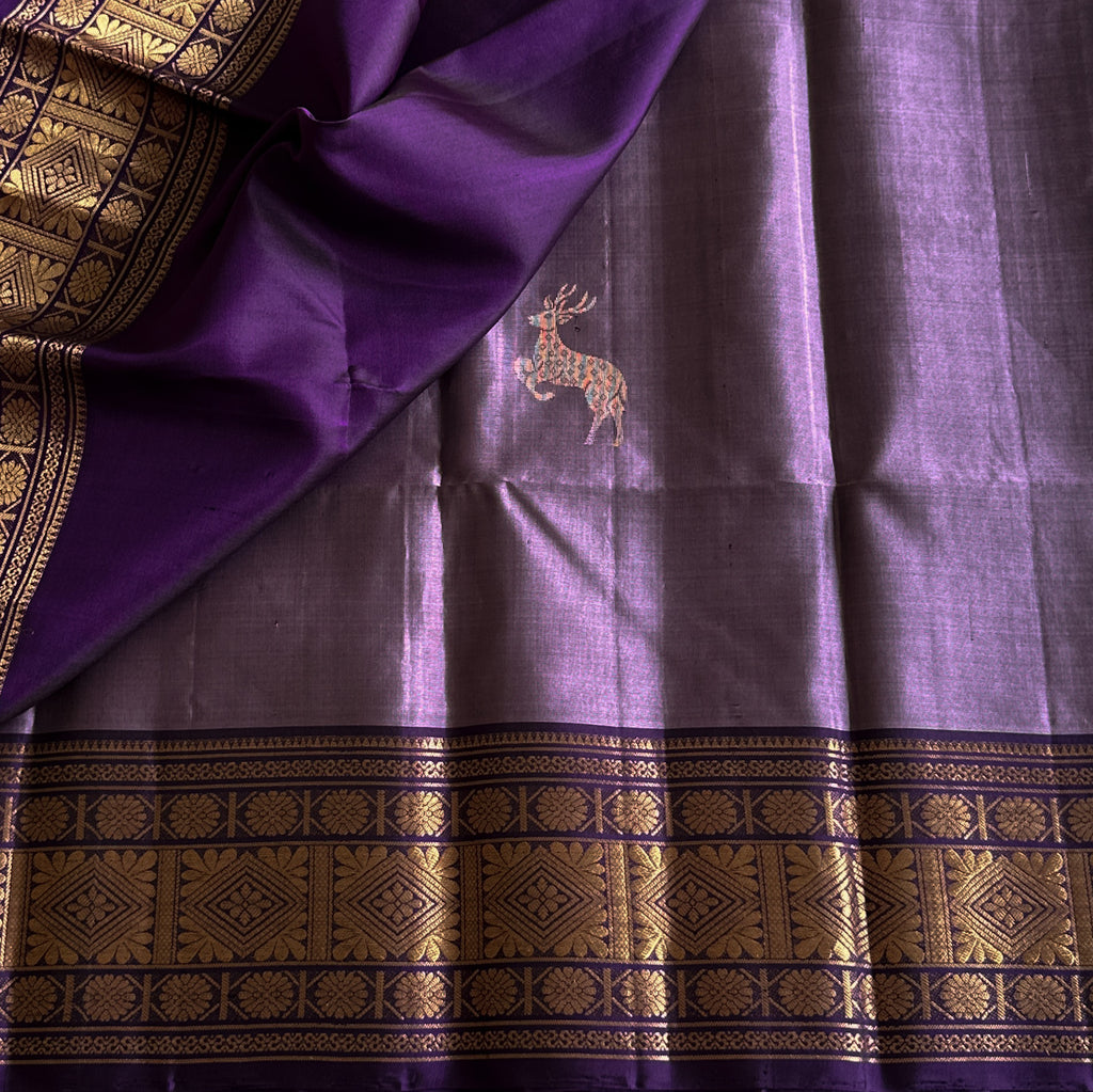 Deep Violet Silk Saree With Gold Zari Brocade Border And Pallu