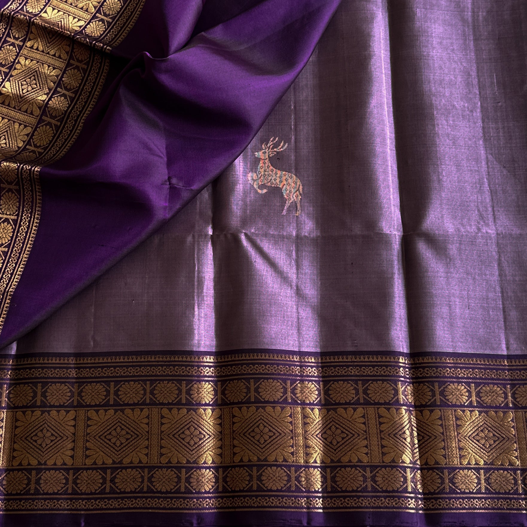 Deep Violet Silk Saree With Gold Zari Brocade Border And Pallu
