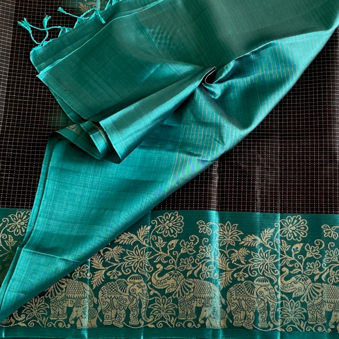 Teal Green Designer Pure Silk Saree With Chocolate Brown Border